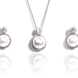 925 Silver Natural Pearls Chain Pendant Earrings Jewelry Set
