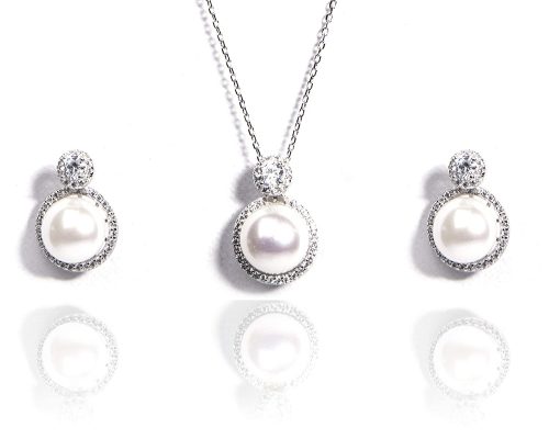925 Silver Natural Pearls Chain Pendant Earrings Jewelry Set