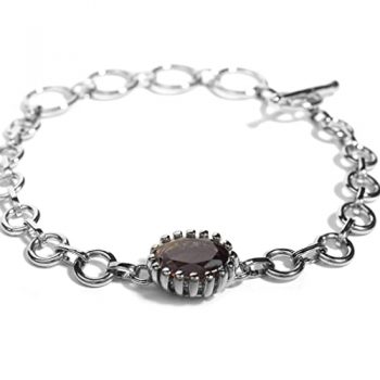 Genuine Smokey Quartz Gemstone Platinum Plated Center Stone Link Bracelet