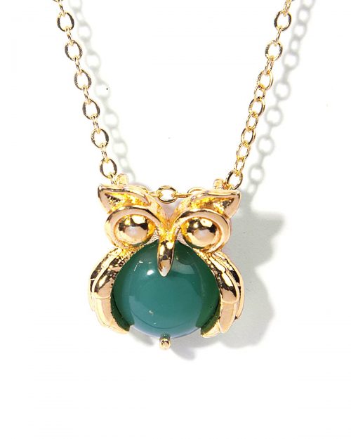 Certified Natural Green Onyx Gemstone Owl Charm Chain Pendant