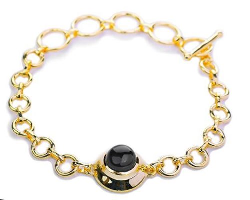 Genuine Black Onyx Gemstone Gold Plated Center Stone Link Bracelet