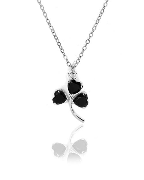 Natural Black Onyx Gemstone Lucky Clover Chain Pendant