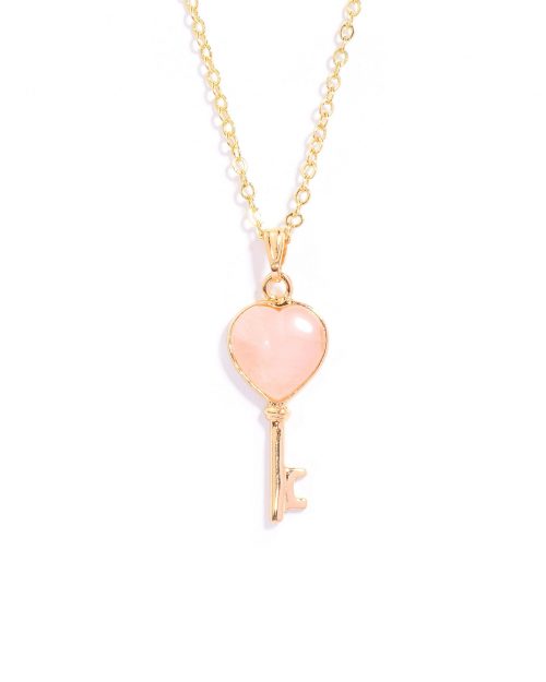 Natural Rose Quartz Gemstone Heart Key Pendant