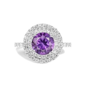 925 Sterling Silver Amethyst Gemstone Solitaire Round Shaped Ring