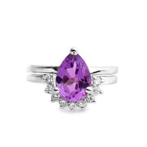 925 Sterling Silver Certified Amethyst Gemstone Pear Drop Stackable Set of 2 Rings