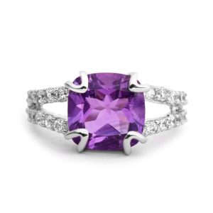 925 Sterling Silver Amethyst Gemstone Cushion Cut Split Shank Ring