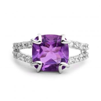 925 Sterling Silver Amethyst Gemstone Cushion Cut Split Shank Ring