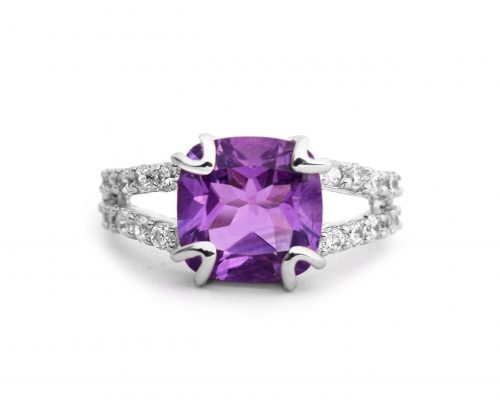 925 Sterling Silver Amethyst Gemstone Cushion Cut Split Shank Ring