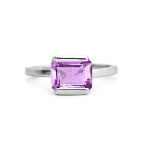 925 Sterling Silver Certified Amethyst Gemstone Emerald Cut Solitaire Ring