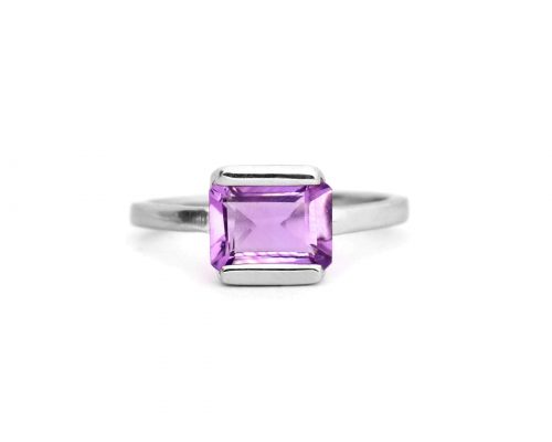 925 Sterling Silver Certified Amethyst Gemstone Emerald Cut Solitaire Ring