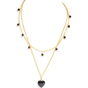 Natural Onyx Gemstone Valentine's Heart Layer Gold Plated Chain Necklace