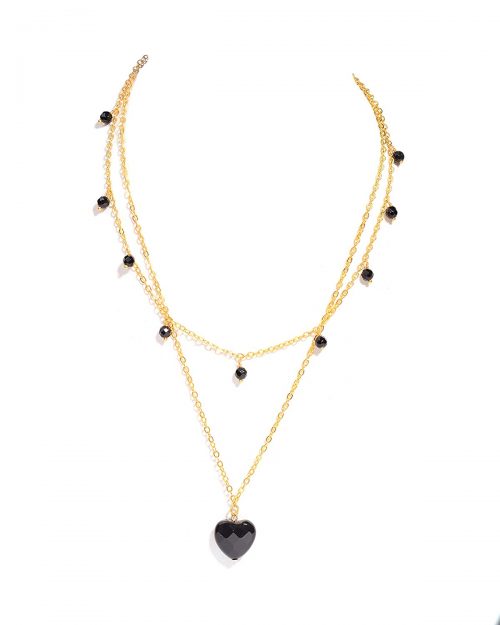 Natural Onyx Gemstone Valentine's Heart Layer Gold Plated Chain Necklace