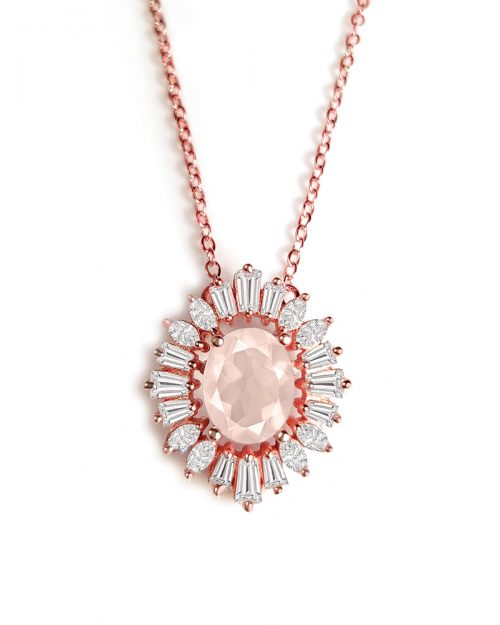Certified Rose Quartz Pendant 14K Rose Gold Plated for Women