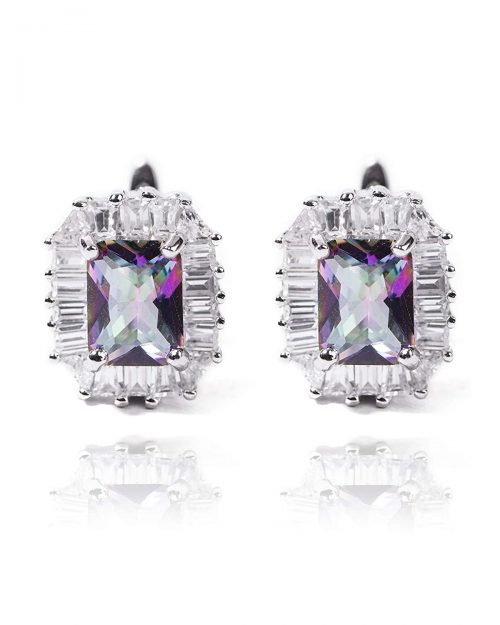 925 Sterling Silver Certified Mystic Topaz Gemstone Princess Cut Stud Earrings