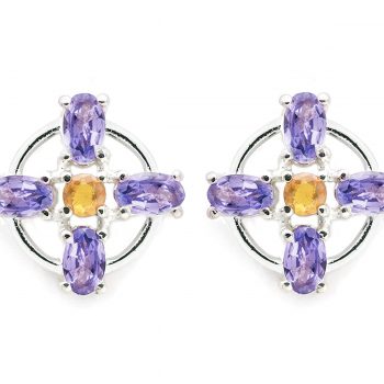 925 Sterling Silver Certified Fire Opal and Tanzanite Stud Earrings