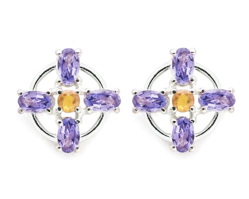 925 Sterling Silver Certified Fire Opal and Tanzanite Stud Earrings