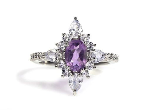 925 Sterling Silver Certified Natural Amethyst Oval CZ Ring