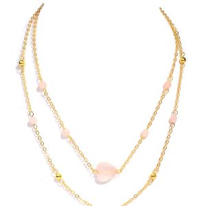 Natural Rose Quartz Gemstone Valentine's Heart Gold Plated Layer Chain Necklace