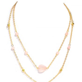 Natural Rose Quartz Gemstone Valentine's Heart Gold Plated Layer Chain Necklace