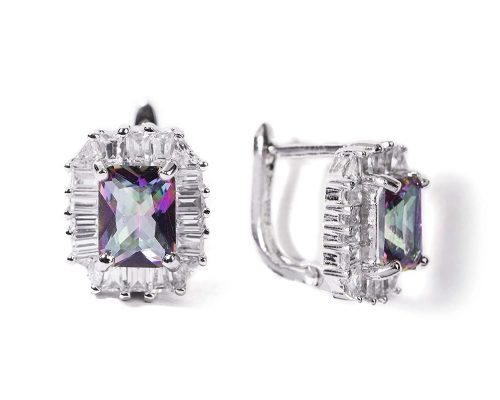 925 Sterling Silver Certified Mystic Topaz Gemstone Princess Cut Stud Earrings - Image 2