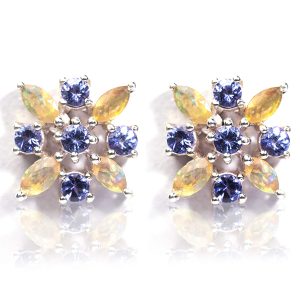 925 Silver Natural Tanzanite and Fire Opal Gemstone Stud Earrings