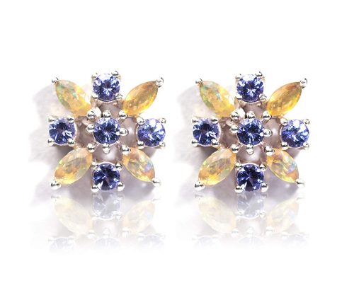 925 Silver Natural Tanzanite and Fire Opal Gemstone Stud Earrings