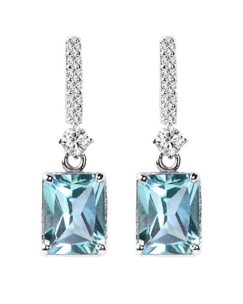 925 Sterling Silver Certified Blue Topaz Dangle Earrings for Women (Emerald Cut)