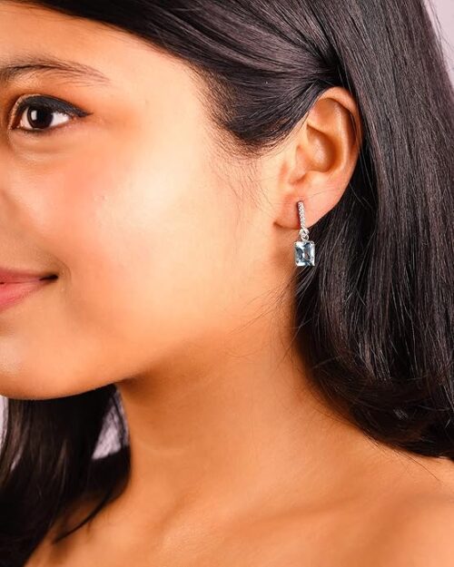925 Sterling Silver Certified Blue Topaz Dangle Earrings for Women (Emerald Cut) - Image 4