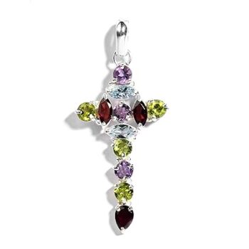 Gempro 925 Sterling Silver Certified Multi Gemstones Stylized Holy Cross Pendant (Unisex)