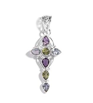 Gempro 925 Sterling Silver Certified Multi Gemstones Holy Cross Pendant for Women