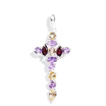 Gempro 925 Sterling Silver Certified Multi Gemstones Stylized Holy Cross Pendant (Unisex)