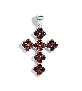 Gempro 925 Sterling Silver Certified Garnet Flowered Holy Cross Pendant for Women
