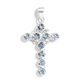 Gempro 925 Sterling Silver Certified Blue Topaz Holy Cross Pendant for Women
