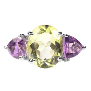 Gempro 925 Sterling Silver Natural Lemon Topaz & Amethyst Ring for Women (Size US 6)