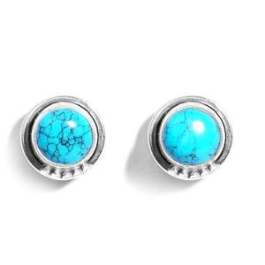 Gempro 925 Sterling Silver Certified Turquoise Firoza Gemstone Round Stylish Stud Earrings for Women (Blue)