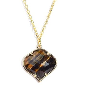 Gempro Certified Natural Tiger's Eye Gemstone Gold Plated Murakan Motif Chain Pendant Necklace for Girls, Brown