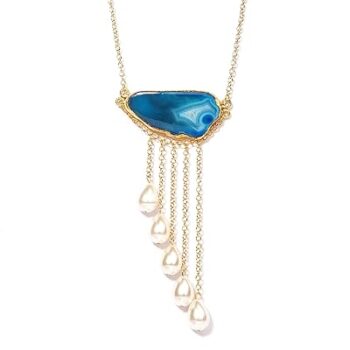 Gempro Genuine Agate Druzy Gemstone Pearl Gold-Plated Brass Chain Pendant Necklace for Women (White, Blue)