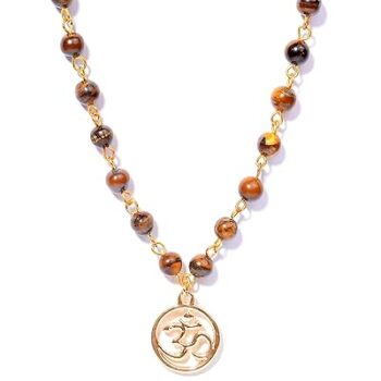 Gempro Genuine Tiger's Eye Gemstone Gold Plated OM Pendant Necklace for Women, Brown