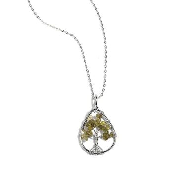 Gempro Natural Peridot Gemstone Tree of Life Silver Chain Pendant for Women