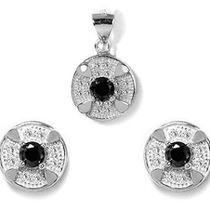 Gempro 925 Silver Round Black Crystal Pendant Earrings Set for Women