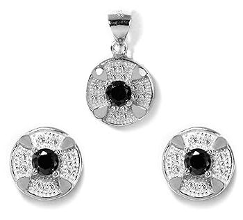Gempro 925 Silver Round Black Crystal Pendant Earrings Set for Women