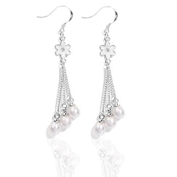 Gempro 925 Sterling Silver Natural Pearl Dangling Flower Earrings for Women