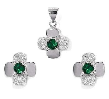 Gempro 925 Silver Flower Green Crystal Pendant Earrings Set for Women