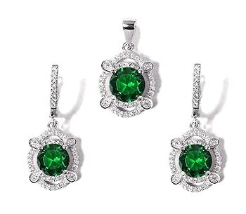 Gempro 925 Silver 4 Petal Green Crystal Pendant Earrings Set for Women