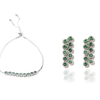 Gempro 925 Sterling Silver Green CZ Earrings and Bolo Bracelet Set for Women