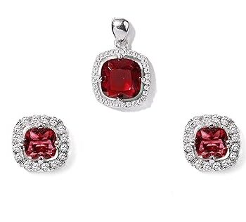 Gempro 925 Sterling Silver Cushion Cut Red Crystal Pendant Earrings Set for Women
