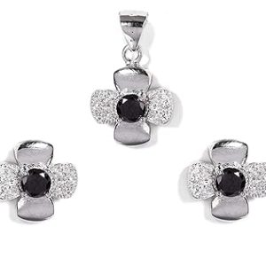 Gempro 925 Silver Flower Black Crystal Pendant Earrings Set for Women
