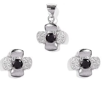 Gempro 925 Silver Flower Black Crystal Pendant Earrings Set for Women