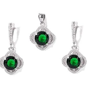 Gempro 925 Sterling Silver Green Crystal Pendant Earrings Set for Women
