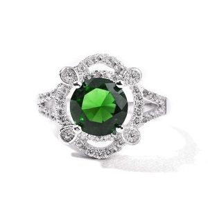 Gempro 925 Silver Hallmark Round Green Crystal Finger Rings for Women (US Size 7.5)